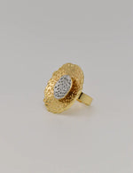 Gold and silver open bloom vintage engagement ring front view